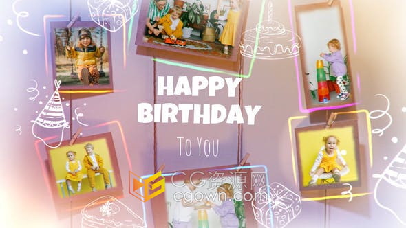 DR达芬奇模板-充满乐趣涂鸦元素动画儿童生日快乐视频相册制作