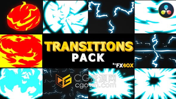 Resolve模板-10组手绘卡通过渡效果视频转场火烟爆炸闪电能量