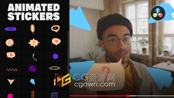 DR达芬奇模板-抽象卡通箭头涂鸦和泡泡贴纸动画抖音街头艺术活动短视频特效