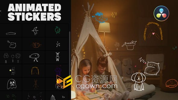 达芬奇模板-30组手绘笔画线条卡通动画猫动物鲜花水果树叶等元素