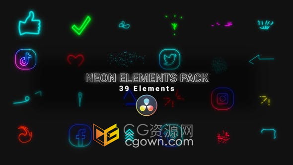 达芬奇模板-39个霓虹灯元素涂鸦箭头社交媒体图标和粒子线条动画等