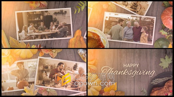 DR达芬奇模板-温馨美好逼真秋叶南瓜植物木板背景感恩节开场白浪漫视频相册