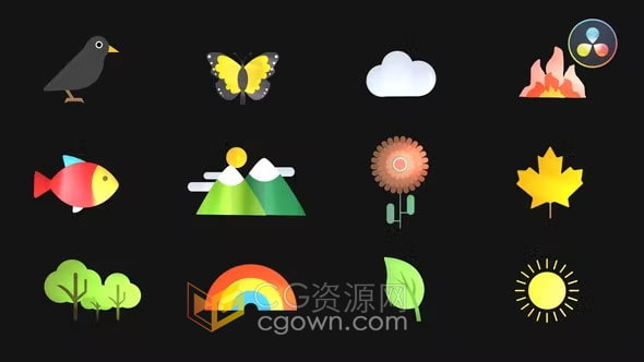 DR达芬奇模板-17个动画自然图标花鸟鱼风景蝴蝶树叶等