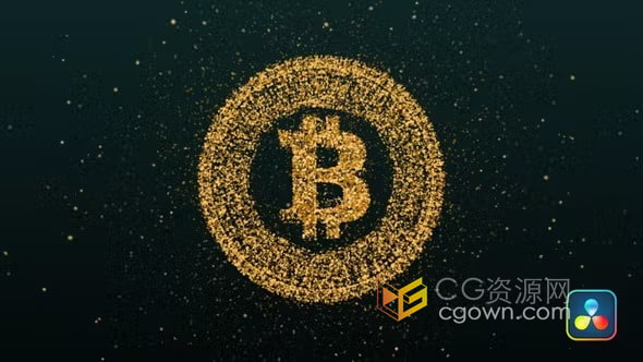 达芬奇DR模板-小圆点粒子汇聚比特币加密货币标志揭晓技术LOGO动画