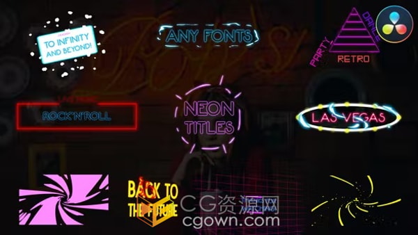 达芬奇模板-明亮闪烁霓虹标题集合制作复古迪斯科派对旅游幻灯片