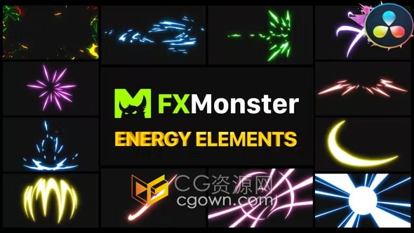 DR达芬奇模板-卡通爆炸发光动态能量元素视频制作特效叠加过渡动画