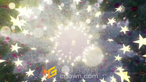 视频素材- 星星点缀魔法圣诞树圣诞节场景背景虚化运动镜头