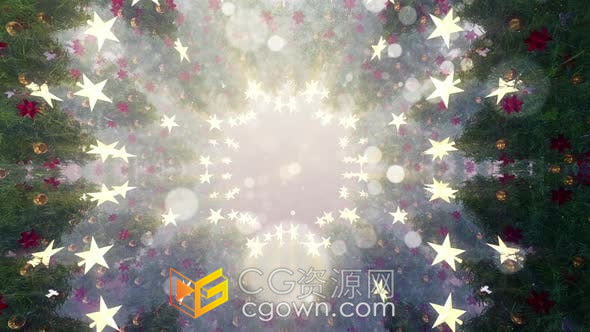 视频素材-快速旋转镜头艺术装饰风格闪亮光斑金星圣诞树元素背景