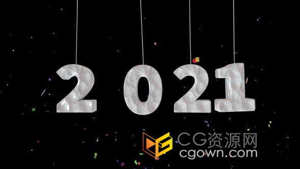 吊挂2021年数字欢乐庆典新年贺卡五彩纸屑背景视频素材