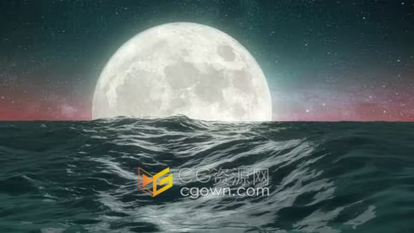 夜晚海上满月CG场景动画背景视频素材4K分辨率