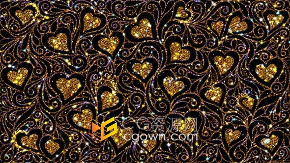复古心型花纹图案装饰闪亮发光金色粒子动画VJ素材背景视频