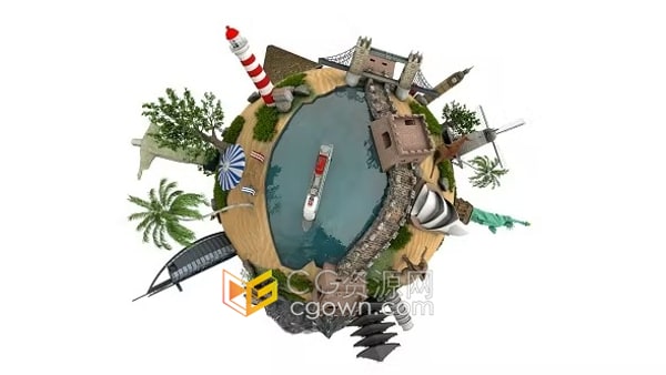 世界著名旅行景点建筑物3D地球动画视频素材下载