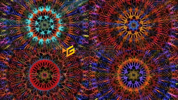 色彩斑斓光线曼荼罗荧光万花筒图案VJ素材背景视频资源下载