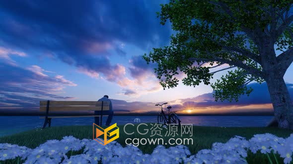 孤独的人坐在长椅上沧海太阳日落花卉风景CG动画视频素材
