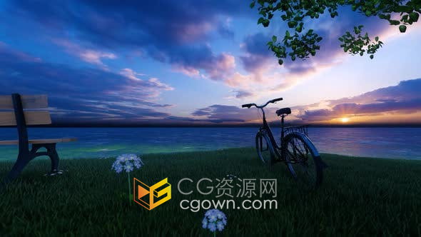 2K Realastic Scene日落岛屿河边树下单车场景背景视频素材免费下载