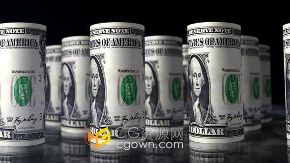 4K视频素材美元钱纸币卷展示无缝环动画VJ背景素材