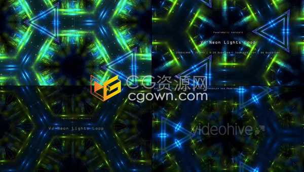 绿色蓝色未来高科技霓虹灯样式抽象几何网格图形万花筒灯光效果VJ背景素材下载