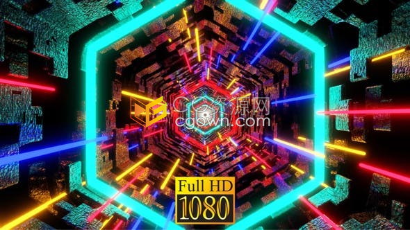 Bright Colorful Vj Loop 3D隧道多彩光线视觉六边形场景动画背景视频素材
