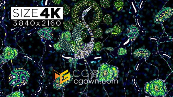 4K视频素材-Stork Ethnic Background水鸟鹳图案壁画动态背景VJ素材
