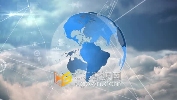 视频素材-在天空云层上旋转地球仪全球世界计算机连接网络科技动态背景