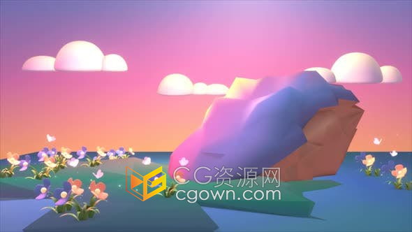 卡通动画黄昏的花朵山峦蝴蝶山地景观动画背景视频素材