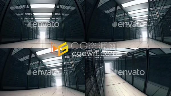 视频素材免费下载-镜头拉伸穿过巨大的服务器机房三维逼真渲染农场虚拟背景