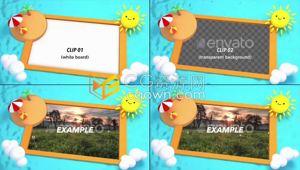 微笑太阳海浪阳伞椰树云朵可爱3D卡通元素制作动态相框效果视频素材下载