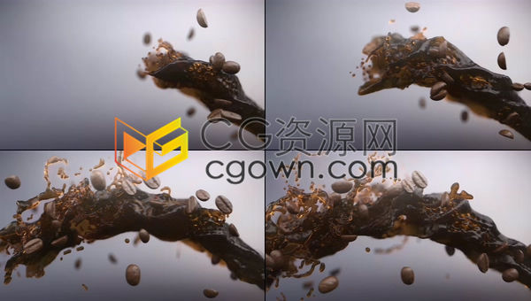 视频素材-咖啡饮料慢动作流动伴随着咖啡豆在空气中螺旋状飞溅展示