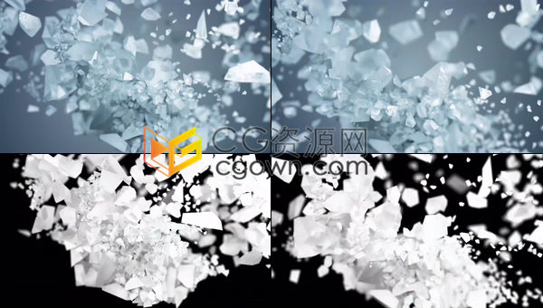 视频素材-浅蓝色冰块在缓慢的运动中爆炸碎块慢动作由远及近带Alpha透明通道
