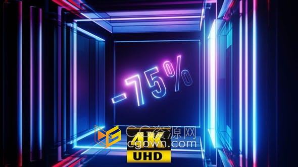 4K视频素材-玻璃霓虹灯立方体中旋转-75%折扣循环动画