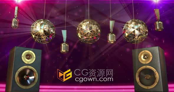 DJ音乐复古金色扬声器迪斯科球麦克风舞蹈LED背景VJ素材视频