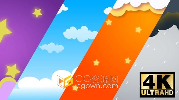 4组不同季节卡通天空背景4K分辨率六一儿童活动背景视频素材