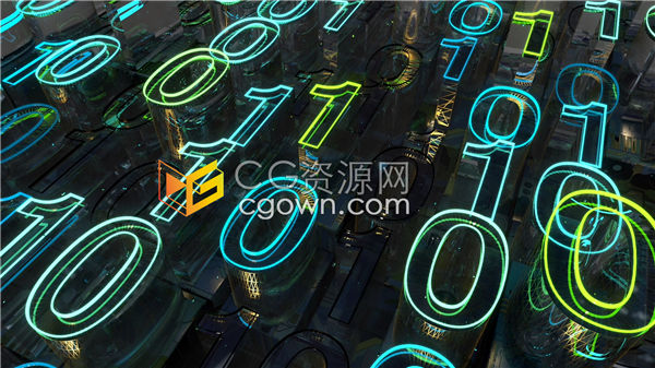 视频素材-未来高科技三维景观与发光霓虹灯数字标志反光玻璃质感城市建筑矩阵效果