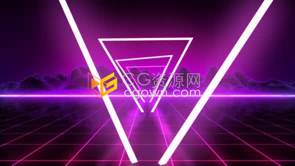 视频素材-80年代复古背景老派霓虹灯网格夜光三角蒸汽浪风格效果动画