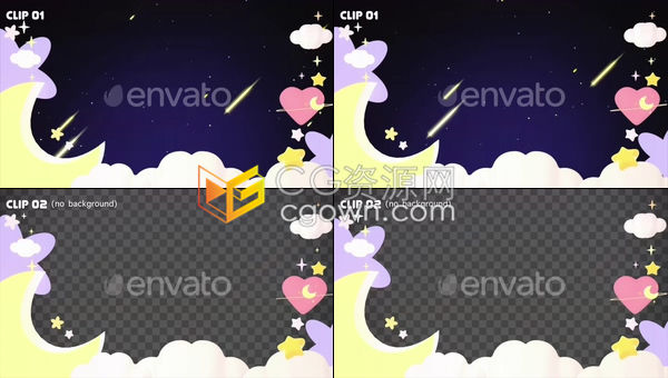 视频素材-卡通深蓝天空新月光环流星雨静谧夜晚睡前故事视频儿童电视节目童谣背景素材