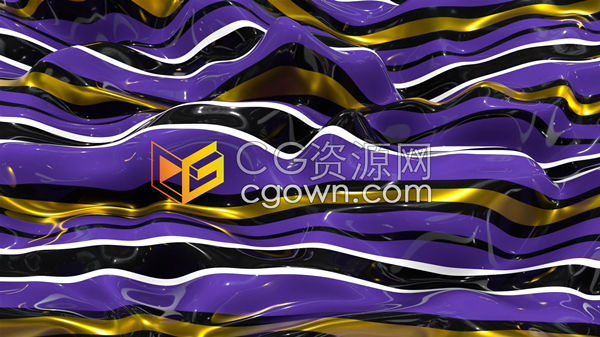 视频素材-三维反射斑马紫金色条纹融化表面与球体动画抽象视觉催眠波浪效果