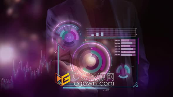 视频素材-商人手掌中持有抽象信息图表互联网网络数据金融科技全息HUD素材