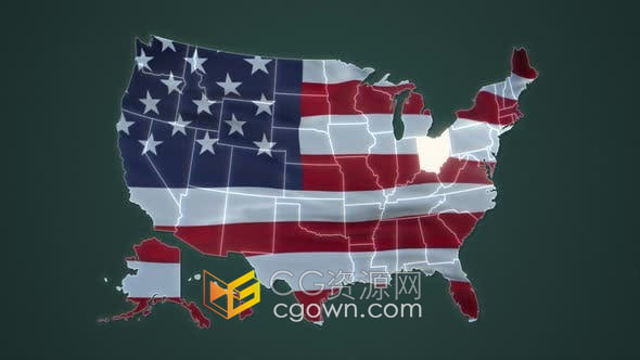 视频素材-俄亥俄州联邦州美国国旗地图背景动画4K分辨率
