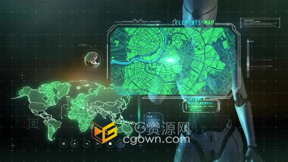 视频素材-开发操作系统机器人操作虚拟仪表盘上使用UI地图动画素材