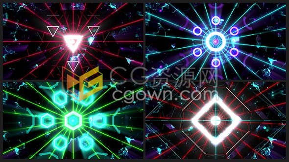 4种效果霓虹灯几何图形闪光灯激光动画VJ循环背景视频素材包下载