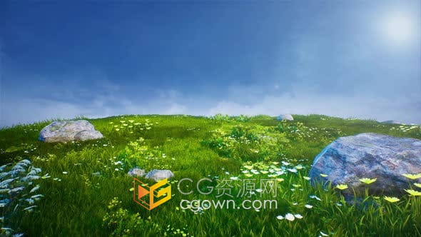 视频素材-蓝天白云早晨太阳绿色草丛上花花草草动态背景视频素材