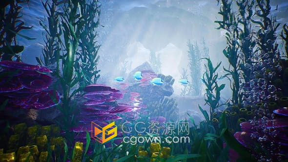 视频素材-海洋水下场景珊瑚海洋植物周围鱼类游动无缝循环动画背景视频