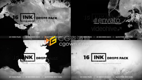 16个水墨视频4个粒子增强油墨飞溅细节效果烟雾转场背景素材