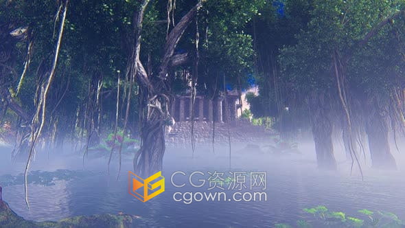 视频素材-3D渲染丛林神庙冒险考古雾森林雕像石头沼泽水树