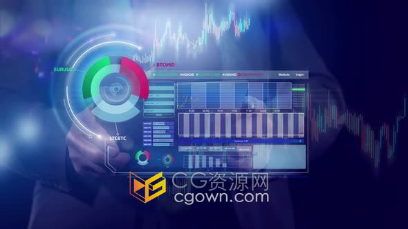 4K视频素材-商人在玻璃平板电脑操作信息图表动画背景素材