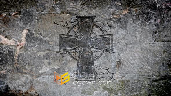 视频素材-石墙破碎灰尘墙中凯尔特十字架墓碑
