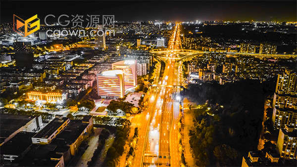 航拍城市立交夜景交通车流移动延时实拍视频