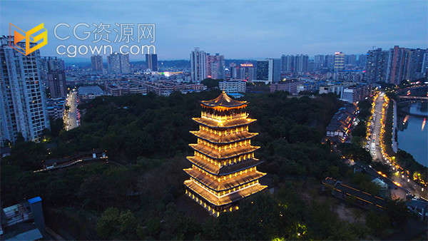 航拍夜幕下的古风古塔建筑夜景灯光实拍视频素材