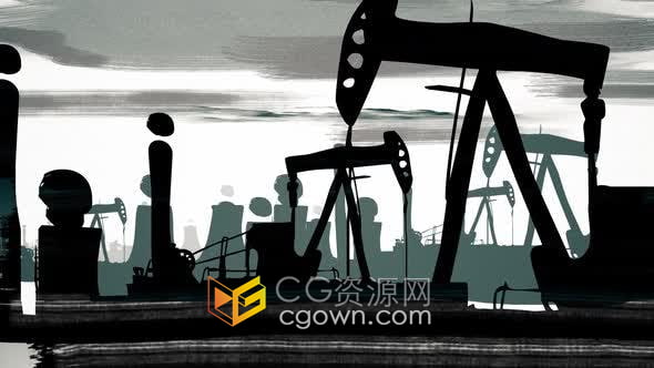 4K视频素材-油井污染工厂货物集装箱起重机码头能源天然气装载石油港口剪影卡通图形
