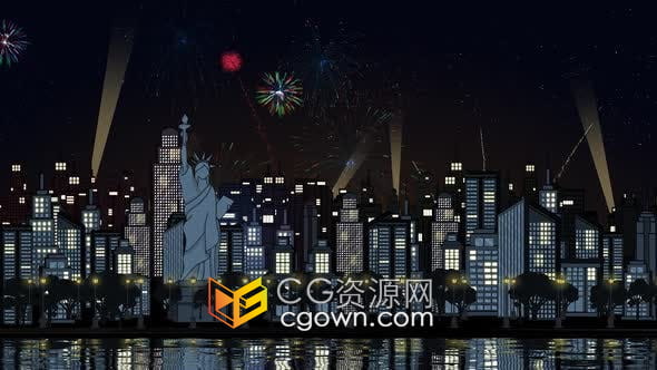 视频素材-卡通剪影晚上城市烟花动画背景视频素材